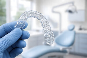 Clear Dental Aligner Held by Gloved Hand in Modern Dental Office