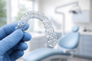 Clear Dental Aligner Held by Gloved Hand in Modern DentaClear Dental Aligner Held by Gloved Hand in Modern Dental Officel Office